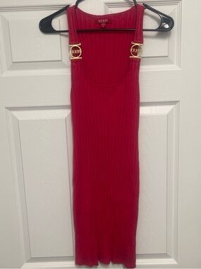 GUESS HOT PINK  Ribbed Tank Midi Dress with Gold Logo Details